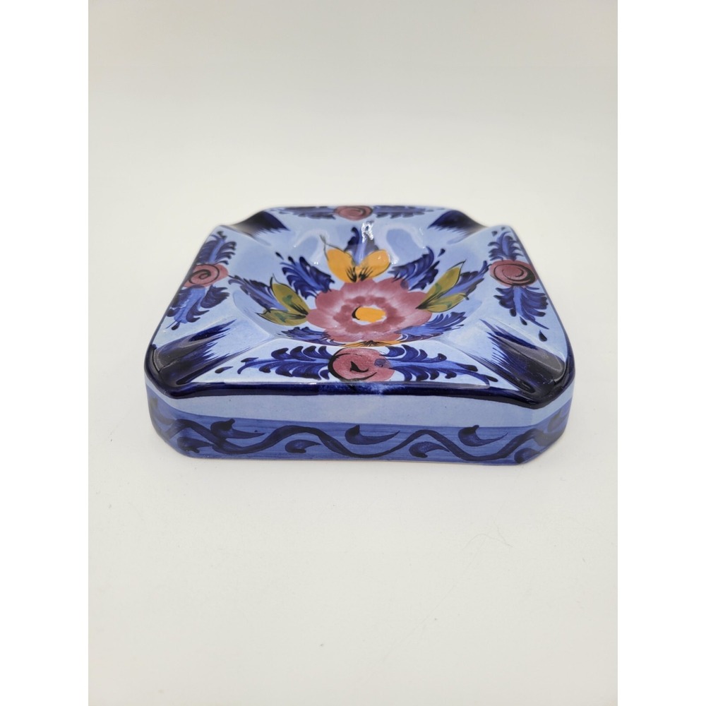 Vintage Vestal Alcobaca Portugal Hand Painted Blue Floral Ashtray #631 - Picture 3 of 9